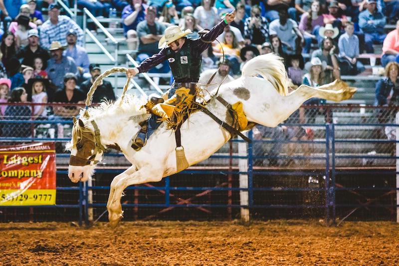 Man riding a bucking horse in front of a crowd at a rodeo